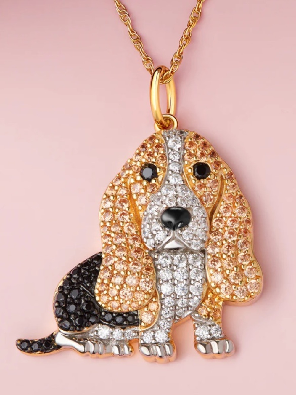 NWT Gold/Black Basset Hound Dog Sparkling Cubic Zirconia Pendant Necklace